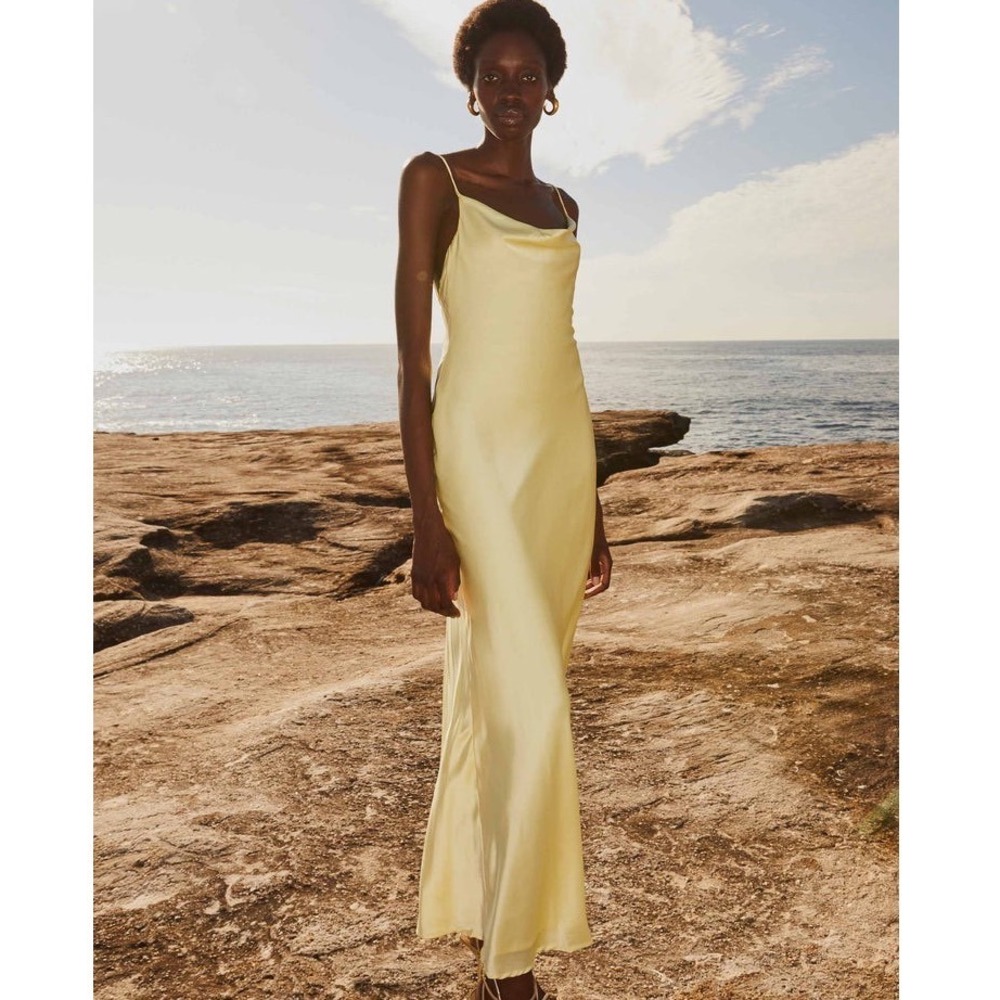 Peppermayo Be Mine Satin Maxi Dress‎ 2 Canary Yellow Bias Cowl Open Back Chic - Picture 9 of 16